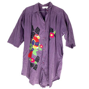 Vintage Go Softly Rainforest Parrot Pockets Button Down Kaftan Tunic Shirt 1X